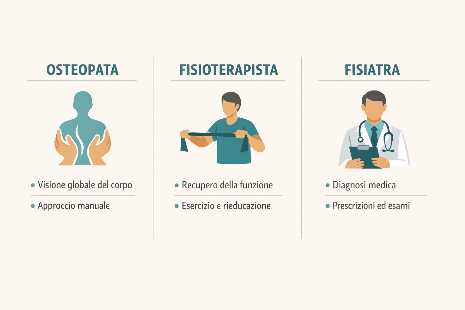 Osteopata, fisioterapista o fisiatra: differenze e competenze a confronto